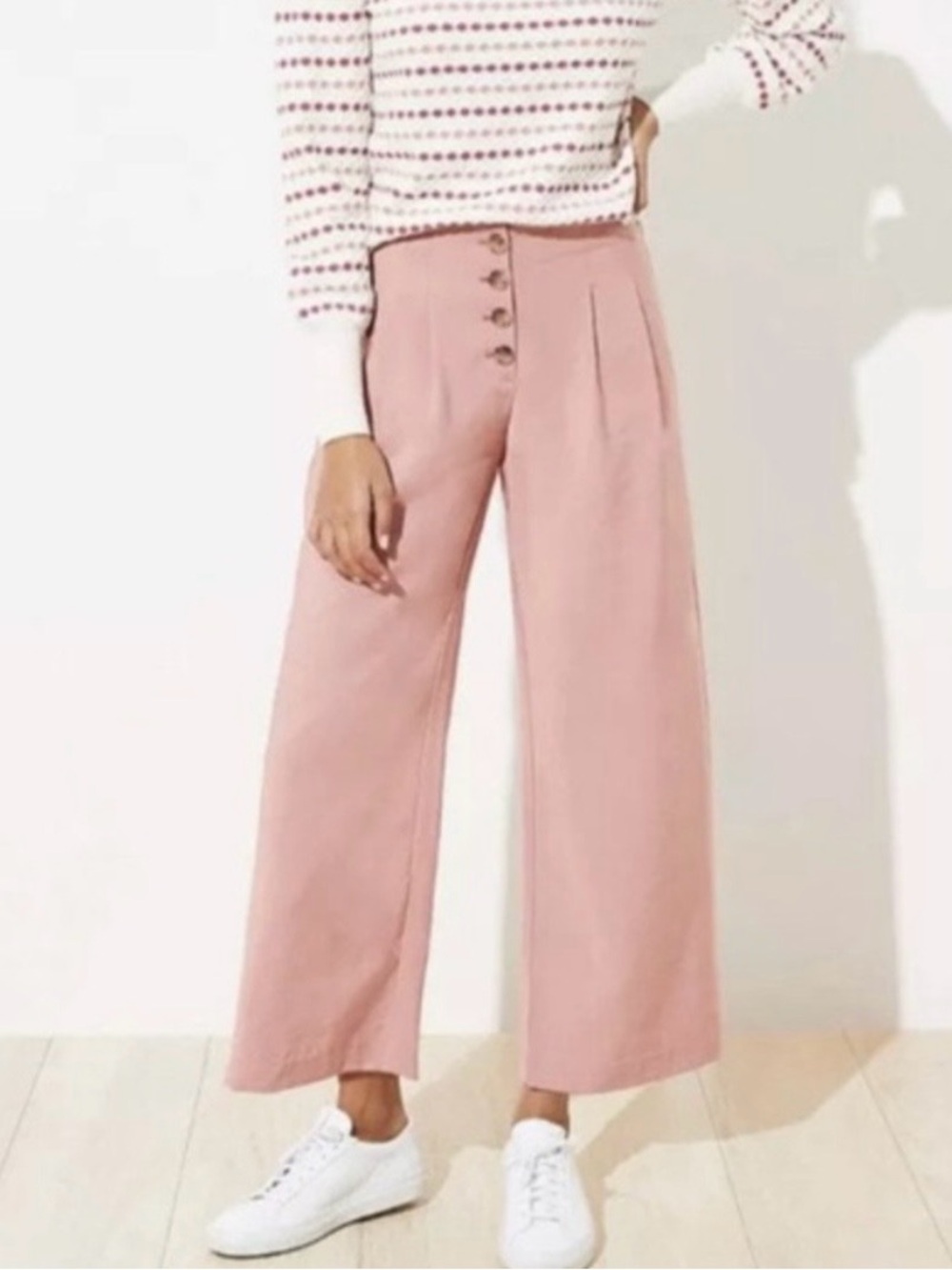 LOFT Dusty Blush High-Rise Wide-Leg Button-Front Pants